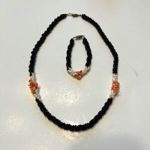 VINTAGE GENUINE CORAL & ONYX BEAD 16.5" Necklace And Bracelet Set Braided